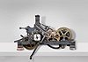 Europe, tower clock, time and strike, weight driven movement with pinwheel escapement and indicator dial in a gray painted cast iron frame