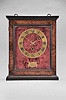 Mathurin Souge, a Paris, a 17th century French "Hague Clock", the oak and walnut case with burl walnut veneer, the top, base and door with ebonized moldings, the sides having arched windows with ebonized surrounds, and top with two iron loops for hanging, interior of the case back with figured walnut veneers bordered by plain walnut with ebonized string inlay, red velvet lined brass plate with gilt dial and fancy pierced and engraved gilt hands, the minute hand with steel tip, hinged, engraved lambrequin below 6:00, signed "Mathurin Souge, A Paris", and concealing a small aperture allowing access to start the pendulum, 30 hour two train movement powered by a single barrel, and counting the hours on a bell, crown wheel escapement and silk thread suspension with cycloidal cheeks, and decorative, pierced steel levers for strike train warning and locking, and pendulum with heavy, spherical bob.