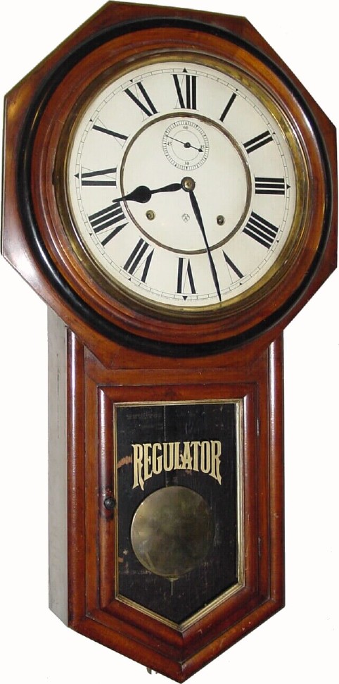 C.1901, Ansonia Clock Co., "Office Regulator" 8-day time and strike, octagon long drop in black walnut. — Antique Clocks Price Guide