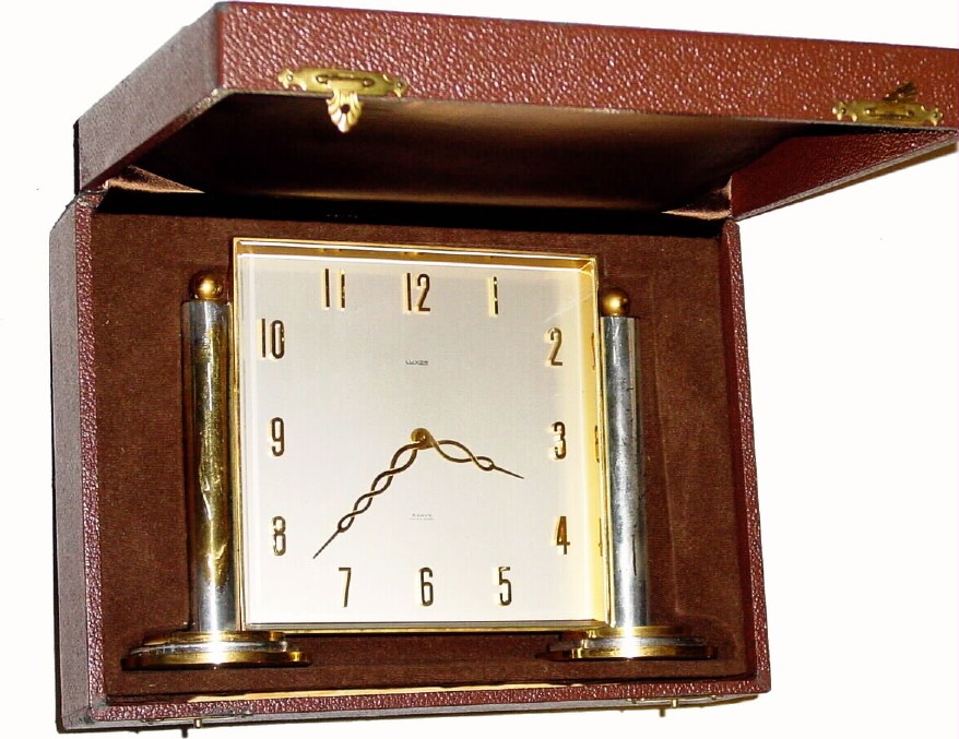 C.1947, Swiss, Luxor, 8-day brass and chrome desk timepiece, — Antique Clocks Price Guide