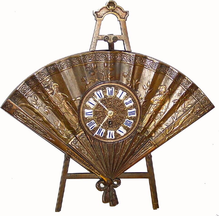 C.1900, French bronze "Fan on Easel", 8-day mantel clock, — Antique Clocks Price Guide