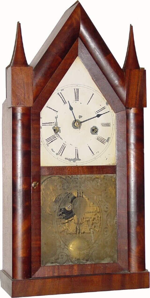 C.1850, Elisha Manross, Bristol, Conn., 30-hour time/strike mahogany steeple clock, nicely restored. — Antique Clocks Price Guide