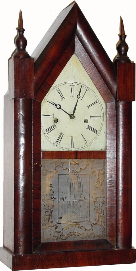C.1855, Terryville Mfg. Co., Terryville, Conn, 30-hour rosewood steeple clock. — Antique Clocks Price Guide