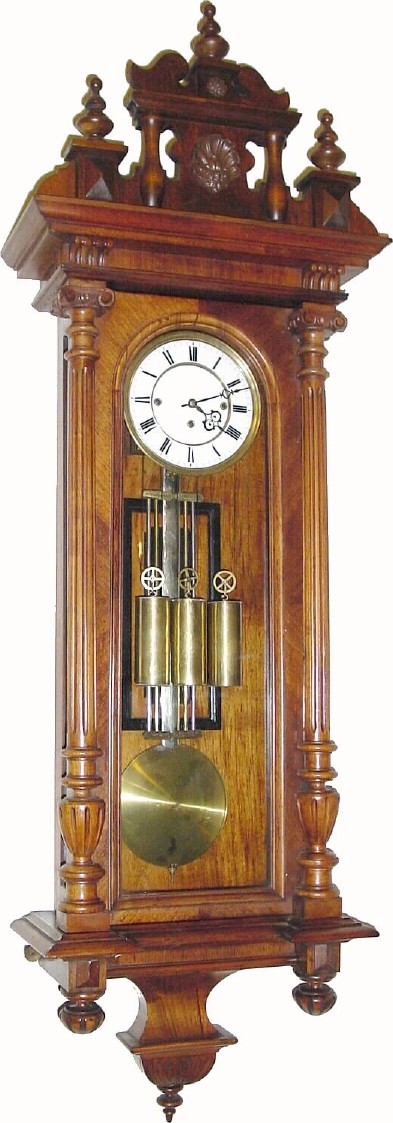 C.1875, Austrian, Gebruder Resch "Remember " 3-weight Vienna Regulator, large walnut 3/4 column case, with restorations. — Antique Clocks Price Guide