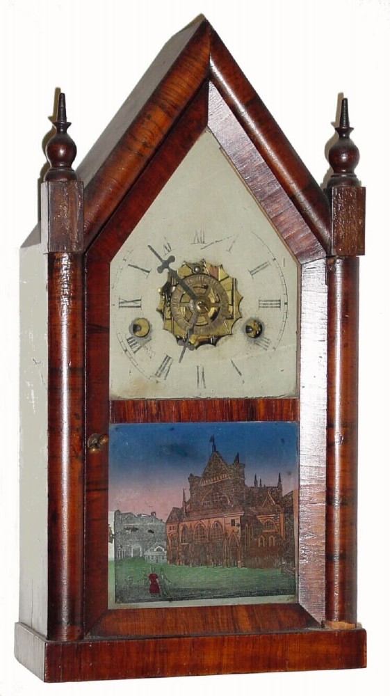 C.1870, New Haven Clock Co., 30-hour time/strike/alarm rosewood miniature steeple clock. — Antique Clocks Price Guide