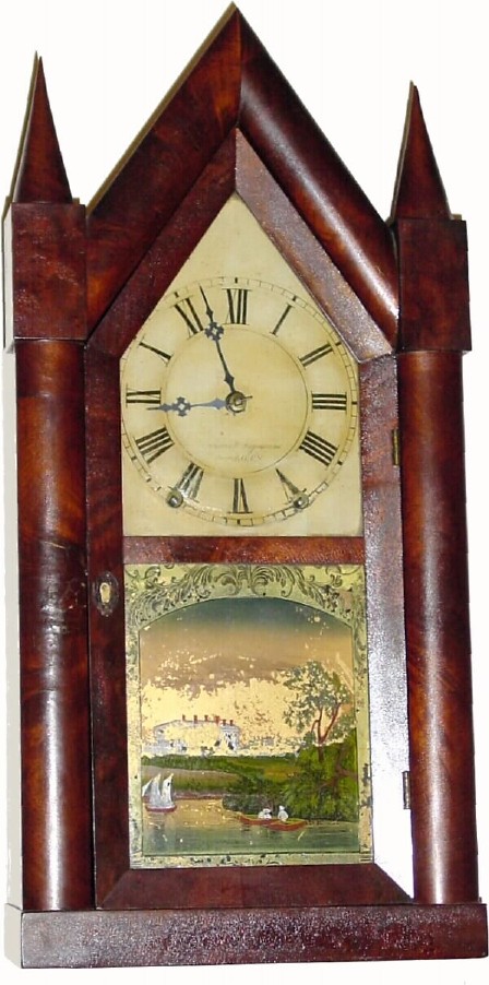 C.1845, Brewster and Ingraham, Bristol, Conn., 30-hour time/strike iron backplate steeple clock, with some restoration. — Antique Clocks Price Guide