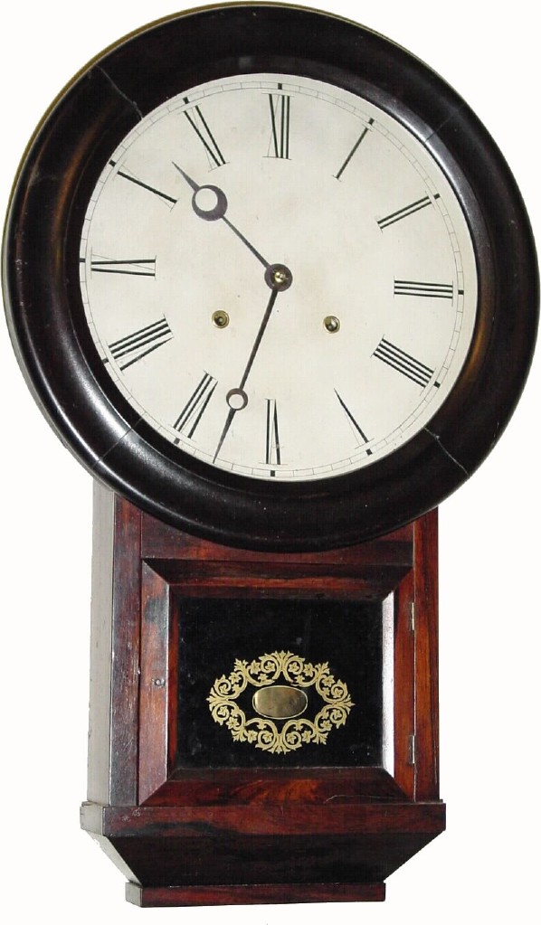 C.1865, Atkins Clock Co., Bristol, Conn., 8-day time/strike rosewood, round drop regulator. — Antique Clocks Price Guide