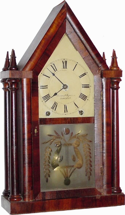 C.1850, Brewster and Ingraham, Bristol, Conn., 8-day time/strike double steeple shelf clock. — Antique Clocks Price Guide