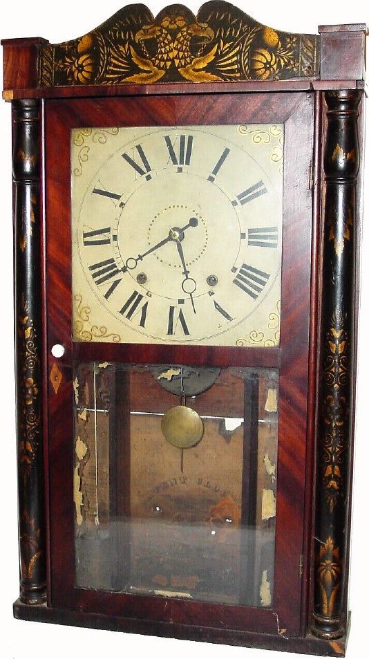 C.1833, Eli Terry, Jr., Terryville, Conn., 30-hour wood movement half column and splat shelf clock, in fair condition. — Antique Clocks Price Guide