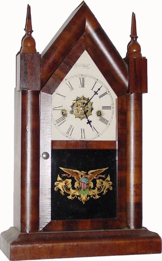 C.1880, Waterbury Clock Co., for Juan Shaw, Buenos Ayres (original stencil intact at top of dial), 30-hour t/s/alarm steeple in fair to good condition, with restorations. — Antique Clocks Price Guide