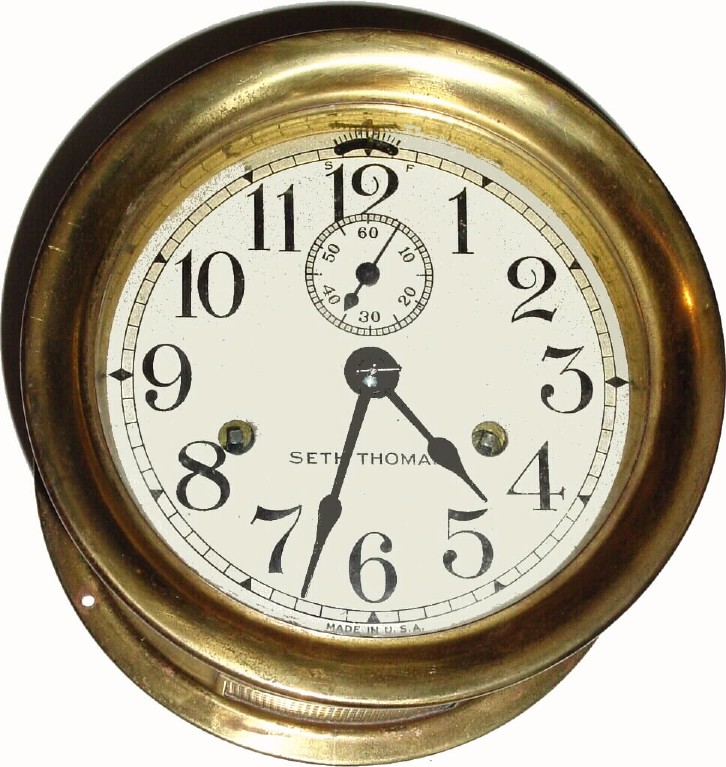 C.1935, Seth Thomas Clock Co., "Merrimack" 1-day ship's bell clock in very good original condition. — Antique Clocks Price Guide