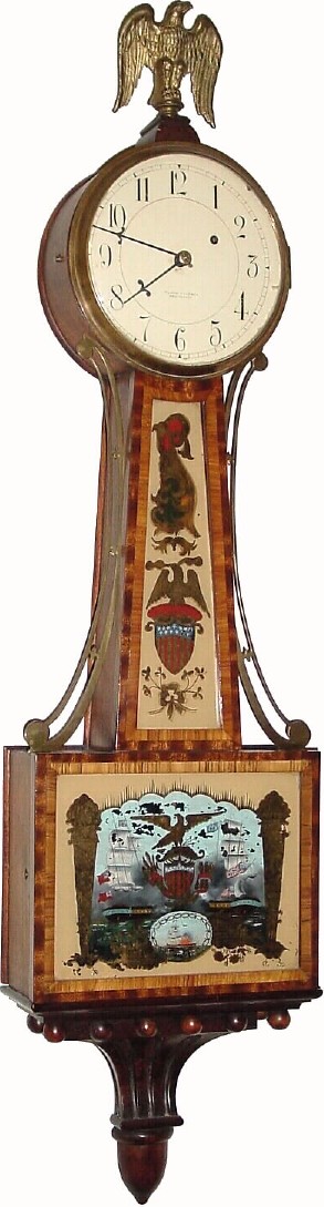 C.1925, Waltham Clock Co., Willard model weight driven banjo with cross banded case in good original condition, except for an old eagle from another clock. — Antique Clocks Price Guide
