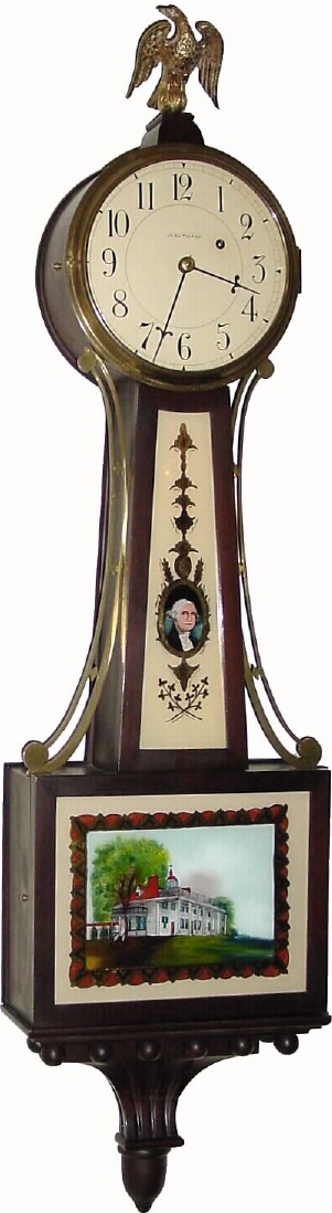 C.1935, Waltham Clock Co., Willard model banjo clock in a dark mahogany case with original Mt. Vernon Tablets, and in excellent condition. — Antique Clocks Price Guide