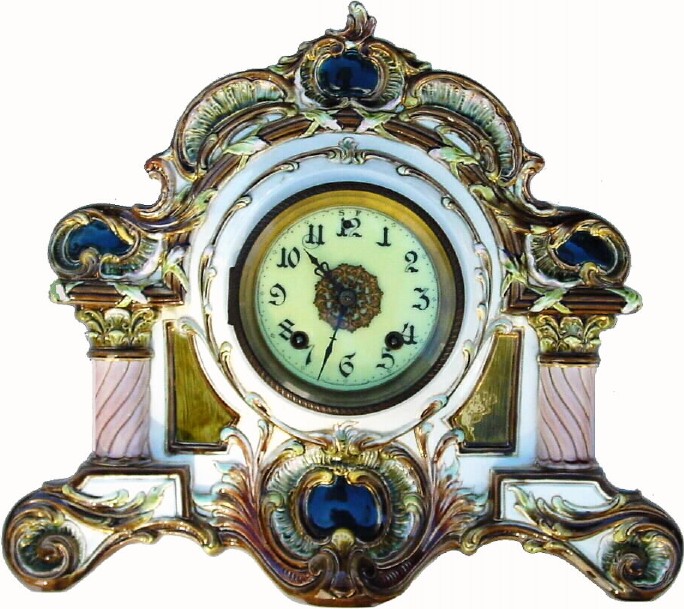 C.1900, New Haven Clock Co., New Haven, CT, 8-day striking Majolica china clock, — Antique Clocks Price Guide
