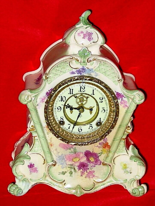 C.1900, Ansonia, Model 502, Royal Bonn porcelain china clock in very good original condition. — Antique Clocks Price Guide
