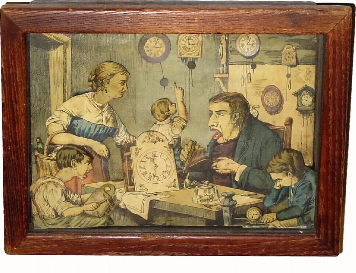 C.1895, German Automaton Clock Shop, wall hanging. — Antique Clocks Price Guide