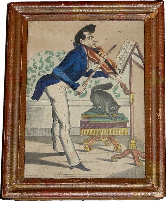 C.1860, German Automaton "Man Playing Fiddle", a good early shadow box, the lithographed scene hand colored (versus chrome-litho.), in very good original condition — Antique Clocks Price Guide