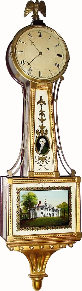 C.1935, Massachusetts Weight Banjo clock, gold front presentation in excellent original condition. — Antique Clocks Price Guide