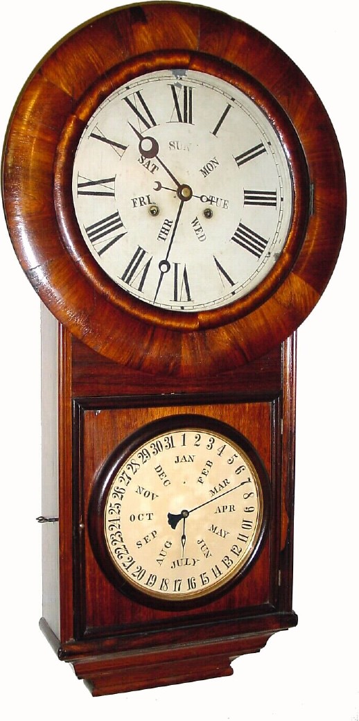 C.1872, Welch, Spring and Co., Round Head Regulator No. 2 (variant), 2-weight, double dial calendar clock, in good condition, with case refinished. — Antique Clocks Price Guide