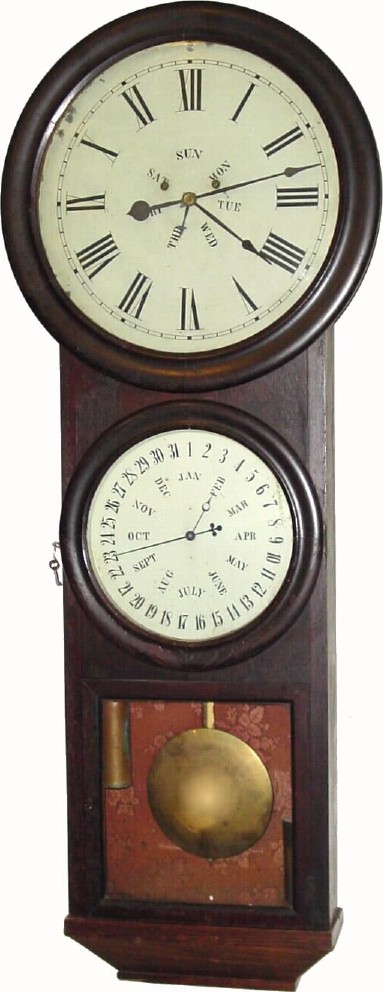 C.1865, L F and WW Carter, Bristol, Conn, Round Drop Wall Calendar, double dial. — Antique Clocks Price Guide