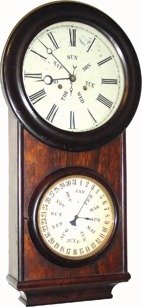 C.1865, L. F. and W. W. Carter, Bristol, Conn., 8-day weight double dial calendar wall clock. — Antique Clocks Price Guide