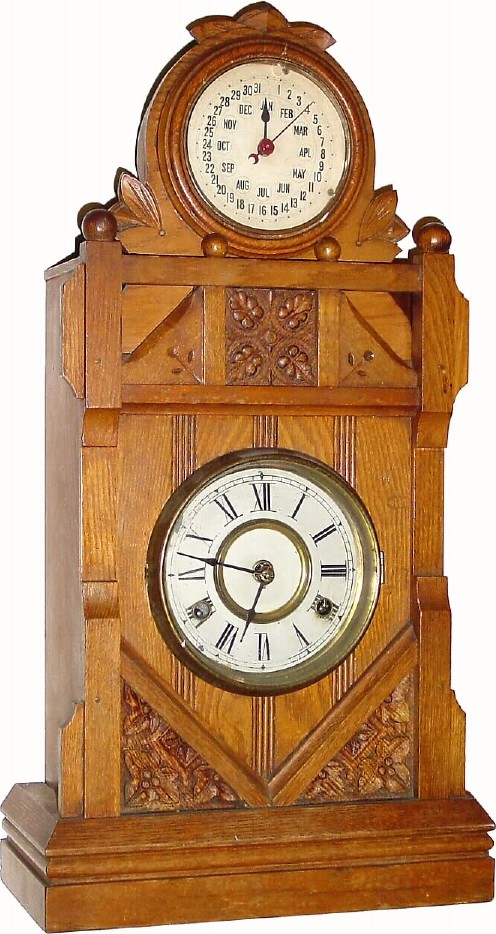 C.1885, New Haven Clock Co, very uncommon double dial, the Cabinet No. 7, in ash, and in excellent original condition. — Antique Clocks Price Guide