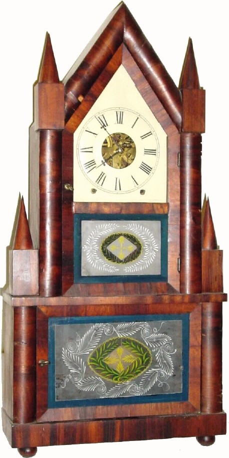 C.1848, Birge and Fuller, Bristol, Conn., 8-day wagon spring steeple on steeple shelf clock. — Antique Clocks Price Guide