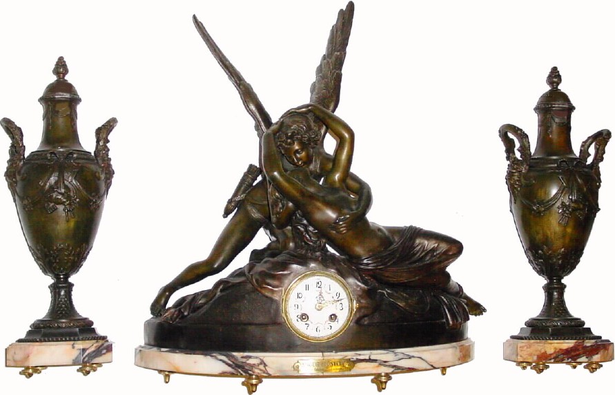 C.1900, French, Figural clock set, AMOUR et PSYCHE in excellent original condition. — Antique Clocks Price Guide