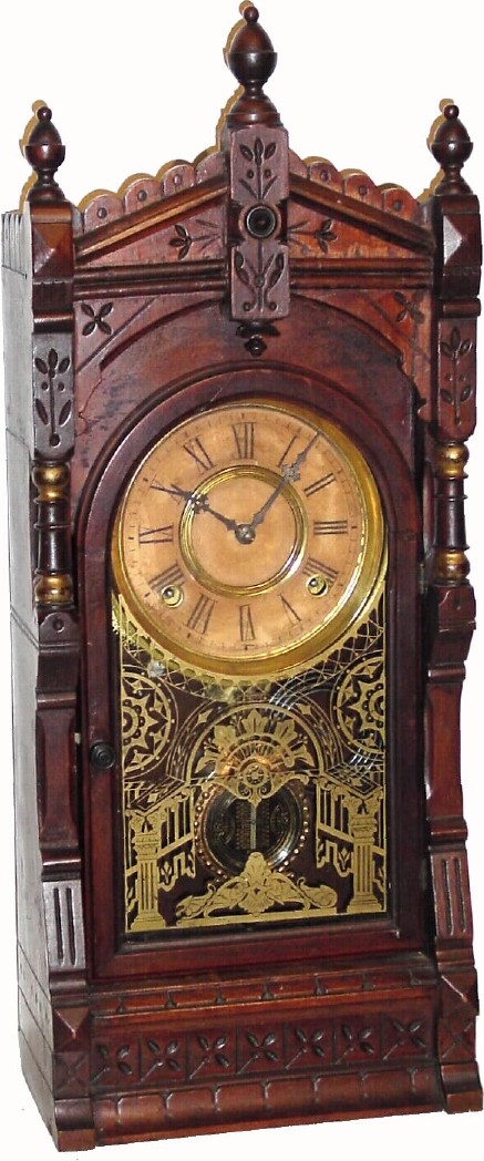 C.1870, F. Kroeber Clock Co. "Langtry" 8-day time/strike walnut parlor clock, in generally good original condition. — Antique Clocks Price Guide