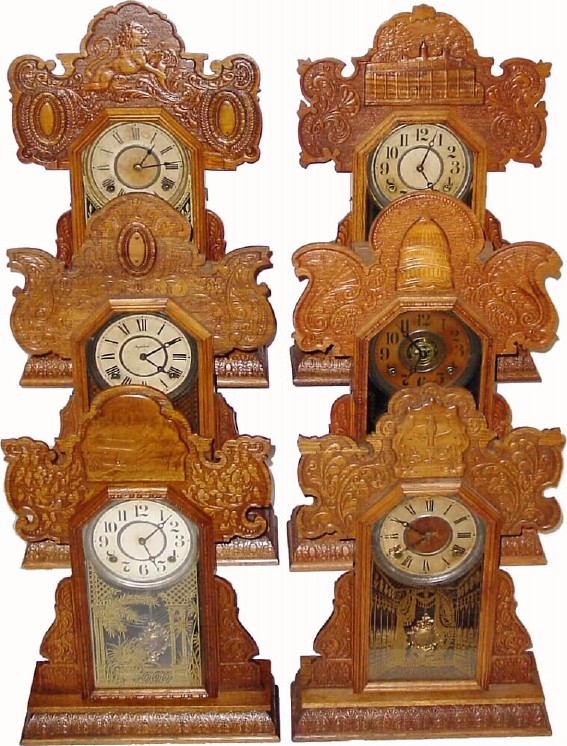 Set of 6: C.1910, E. Ingraham Clock Co., "National Line" 8-day time/strike oak shelf clocks. — Antique Clocks Price Guide