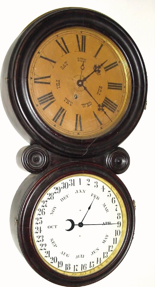 C.1888, E. Ingraham and Co., Bristol, Conn., "Ionic Calendar" 8-day double dial perpetual calendar. — Antique Clocks Price Guide