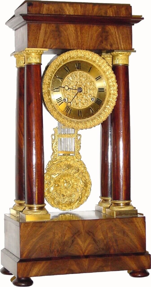 C.1860, French, Empire, 8-day time/bell strike four pillar mantel clock. — Antique Clocks Price Guide