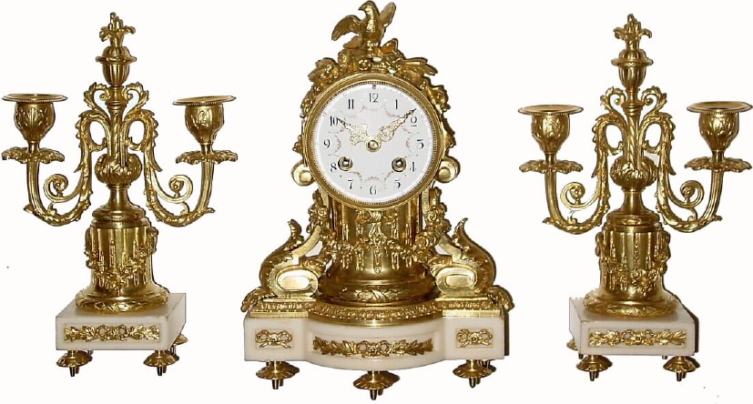 C.1870, French, Mougin, Ormolu and White marble clock set. — Antique Clocks Price Guide