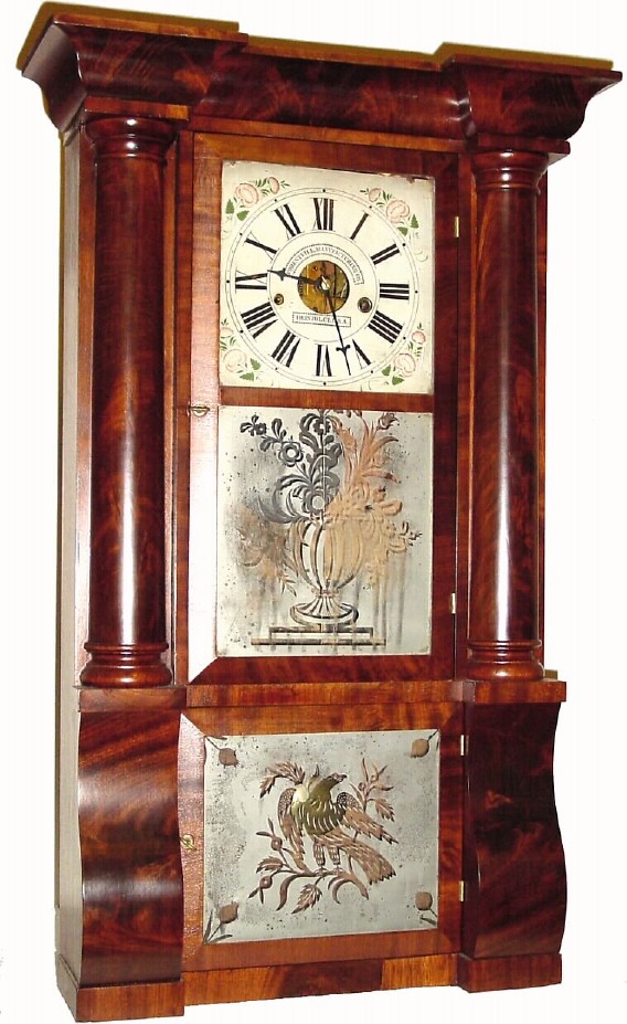 C.1850, Forestville Mfg. Co., Bristol, Sleigh front or "column and cornice" shelf clock in excellent condition, the case refinished. — Antique Clocks Price Guide