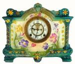 C.1905, Ansonia Royal Bonn "La Palma" porcelain china clock in excellent original condition, except for dark hairlines on dial, and wrong hands. — Antique Clocks Price Guide