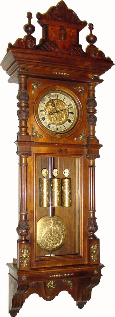 C.1880, Austrian, 3-Wt, Vienna Regulator, Grand Sonnerie wall clock, in original condition, except for the top which has been replaced. — Antique Clocks Price Guide