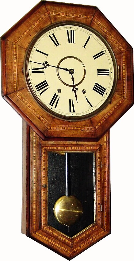 C.1880, New Haven Clock Co., 8-day time/strike walnut and inlay long drop school clock. — Antique Clocks Price Guide