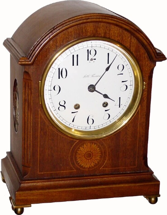C.1909, Seth Thomas Clock Co., "Tory" 8-day time and strike mahogany with inlay mantel clock, in excellent original condition. — Antique Clocks Price Guide