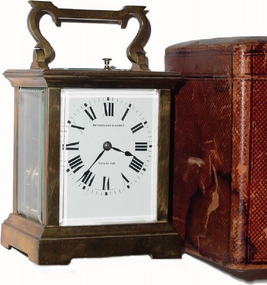 C.1910, French, for Sutherland and Horne,Edinburgh (Scotland), 8-day brass carriage clock, time, strike and repeat, with original carry case. — Antique Clocks Price Guide