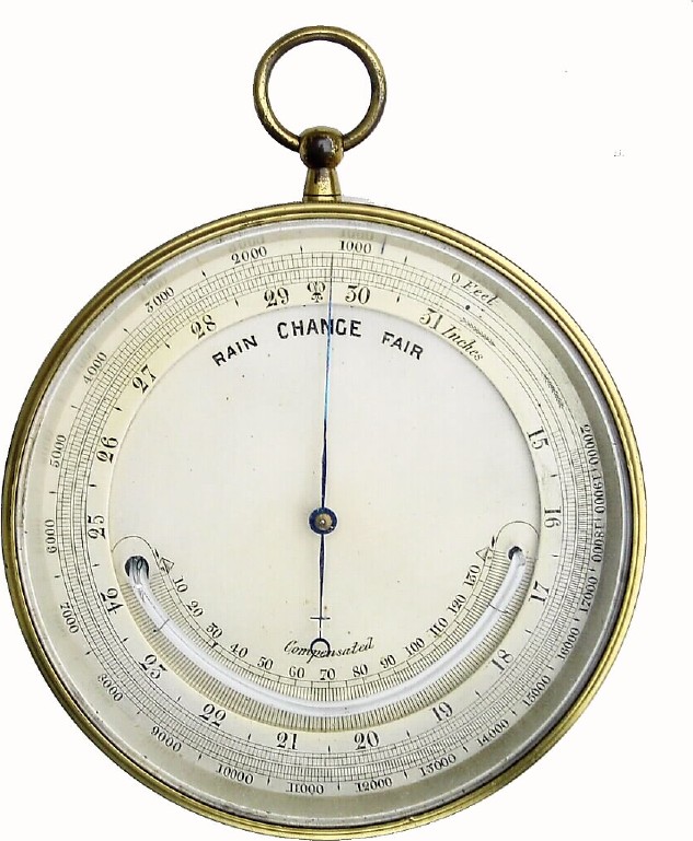 C.1900, European Aneroid Barometer-Altimeter with thermometer in a portable brass canister case with loop for hanging. — Antique Clocks Price Guide