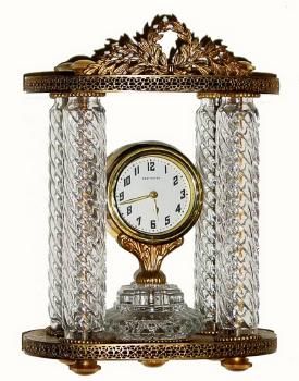 C.1913, New Haven Clock Co., Brass and glass column empire style novelty clock in very good original condition. — Antique Clocks Price Guide