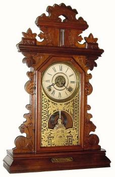 C.1885, E. Ingraham and Co., "Pansy", 8-day time, strike and alarm walnut shelf clock. — Antique Clocks Price Guide