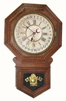 C.1895, New Haven Clock Co., 8-day time and calendar short drop school clock in very good original condition (dirty out of a home in New Brunswick). — Antique Clocks Price Guide