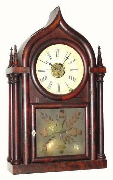 C.1850, J. J. Beals and Co's, Boston, Mass., 8-day time/strike/alarm 4-column round gothic or onion top shelf clock, in good original condition (including finish). — Antique Clocks Price Guide