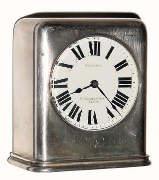 C.1910, French, Mini Silver Desk clock with mini carriage clock movement, with top mounted lever platform spanning the plates. — Antique Clocks Price Guide