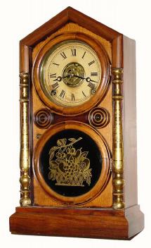 C.1880, E. Ingraham and Co., Doric-Extra Gilt Columns, 8-day time/strike/alarm shelf clock. — Antique Clocks Price Guide
