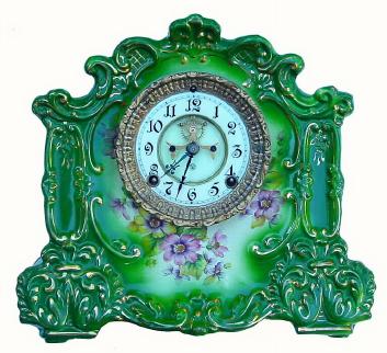 C.1901, Ansonia Clock Co., "Rainbow" 8-day time and strike porcelain clock in excellent original condition. — Antique Clocks Price Guide