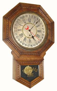 C.1901, William L. Gilbert Clock Co., "Admiral", 8-day time calendar wall clock in generally good condition, with some exceptions. — Antique Clocks Price Guide