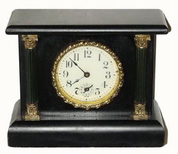 C.1910, Unknown, 30-hour time and alarm miniature black mantel timepiece. — Antique Clocks Price Guide