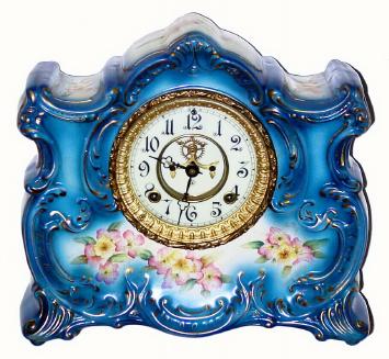C.1900, Ansonia Clock Co., "Ossipee" 8-day time/strike porcelain clock, in generally good original condition. — Antique Clocks Price Guide